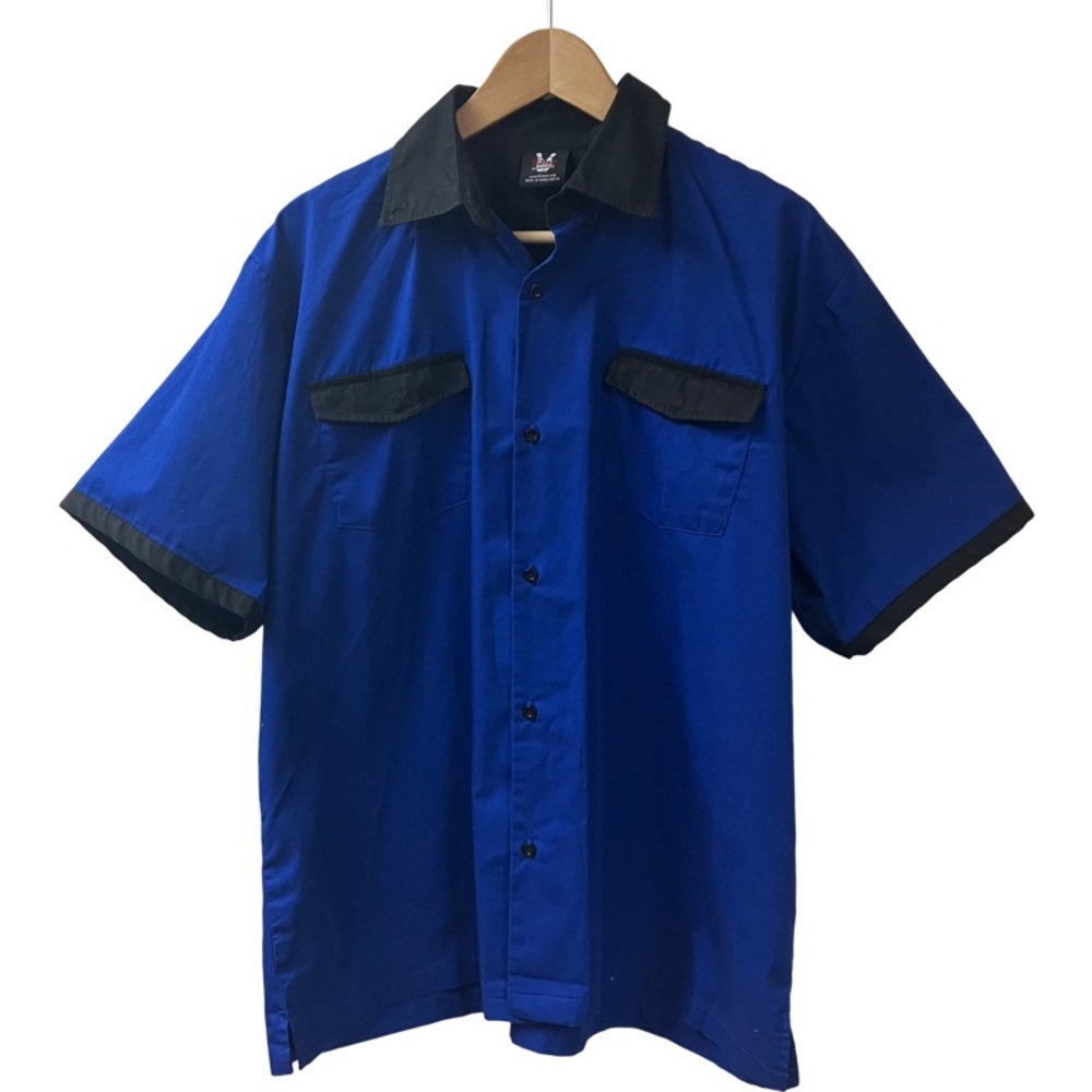 Hilton Mens Bowling Shirt Retro Rockabilly Pit crew Large Blue Black Mechanic